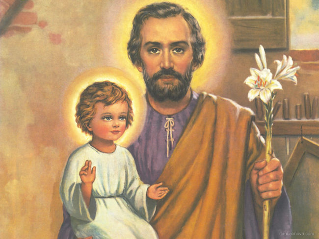 São José segurando o menino Jesus em representação ilustrada